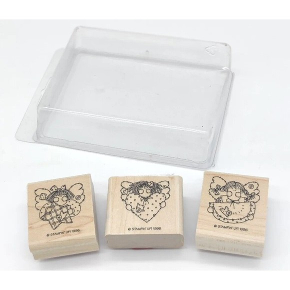 Vintage STAMPIN' UP! 1996 Set of 3 Angel Faces Rubber Stamps Wooden Card Making - Picture 1 of 10